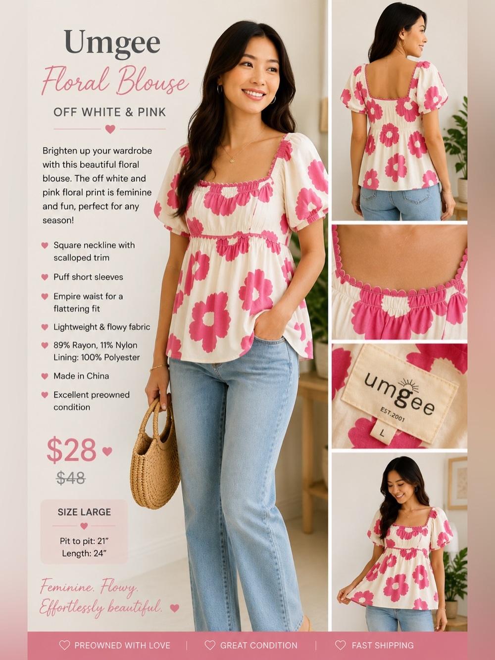 Umgee Floral Blouse Size L Beige and Pink
